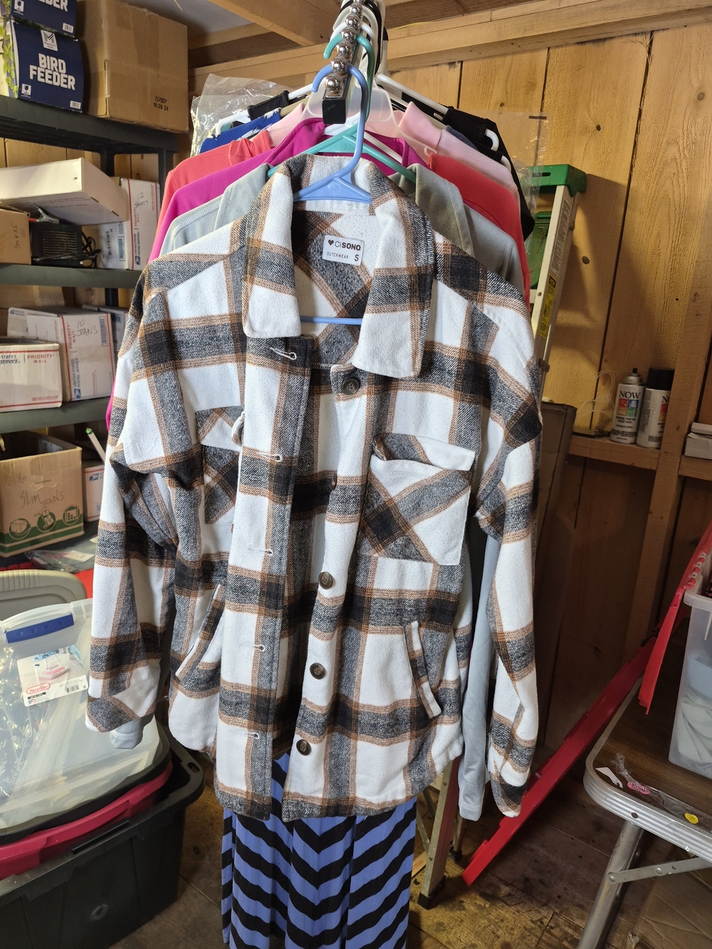 Ci Sono White and Brown Plaid Button-Front Shirt Jacket Bin 54